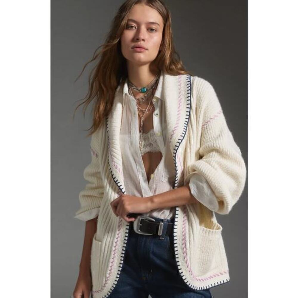 Anthropologie Maeve Collared Whipstitch Open Cardigan Sweater Size L